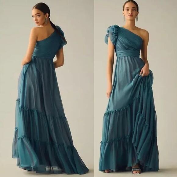 NWT Mac Duggal Organza One-Shoulder Pleated Tiered Gown Formal Sage Size 6 - Picture 2 of 8